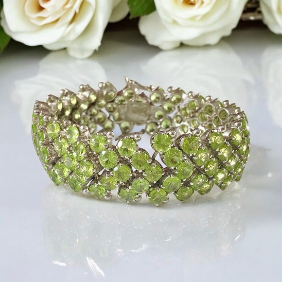 Encrusted Sterling & Natural Green Peridot Gemstone Bracelet, August Birthstone - Picture 4 of 11